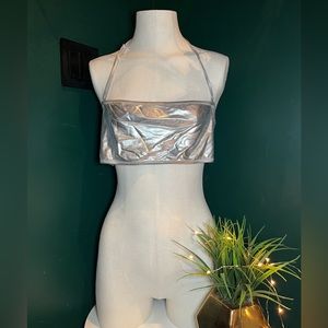 SKIMS- silver/ metallic swim bandeau bikini top